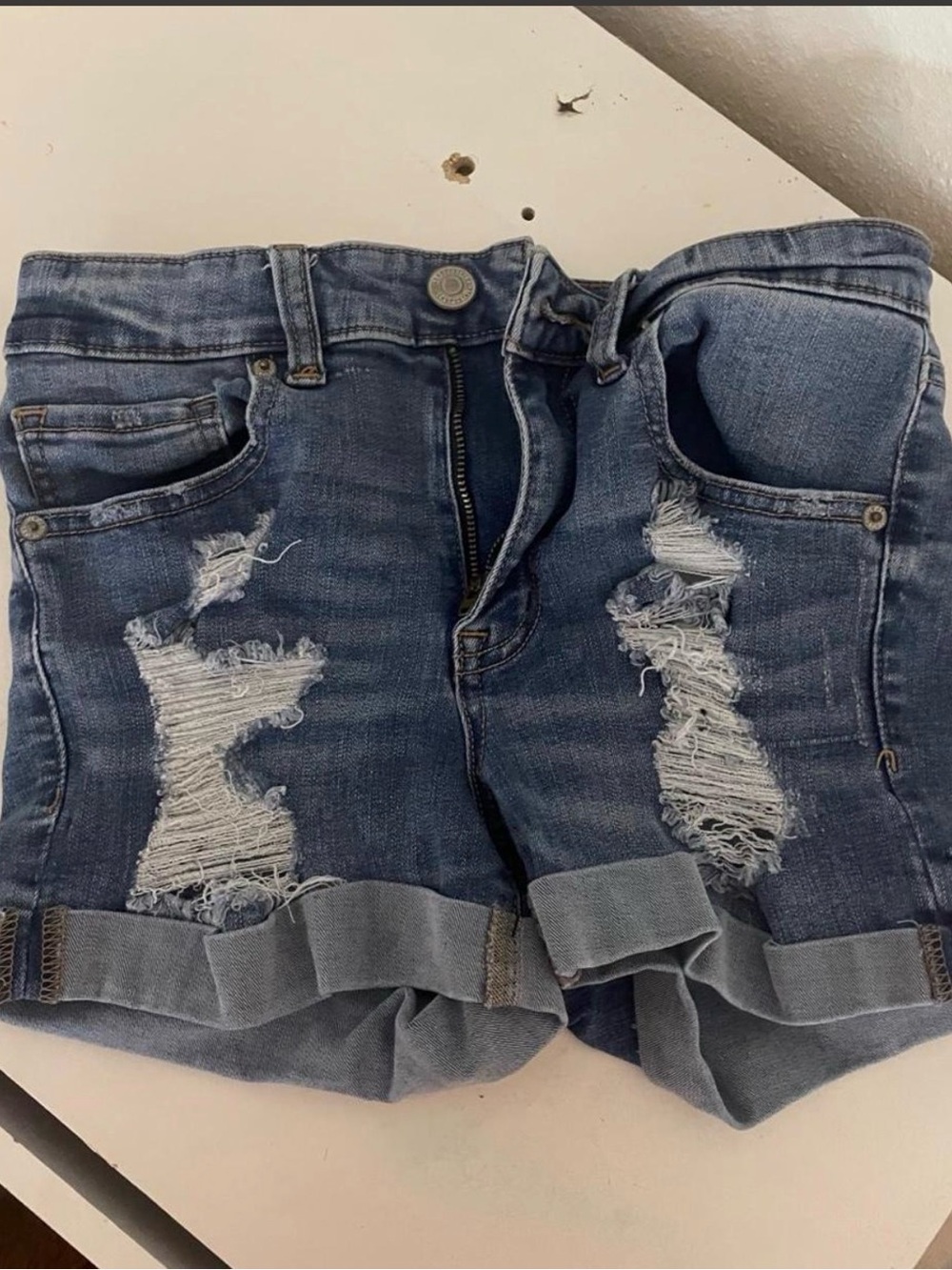 Aeropostale Distressed Light Blue Rolled-Hem Denim Shorts